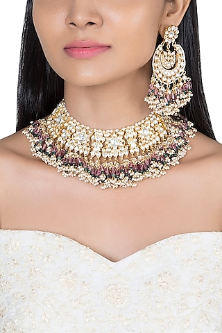 Gold Plated Faux Pearl, Bead & Stone Necklace Set by Riana Jewellery
