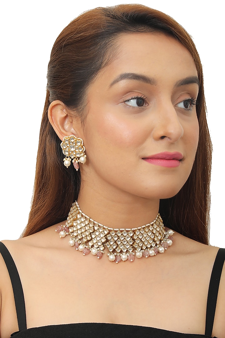 Gold Plated Kundan Polki Choker Necklace Set by Riana Jewellery at Pernia's Pop Up Shop