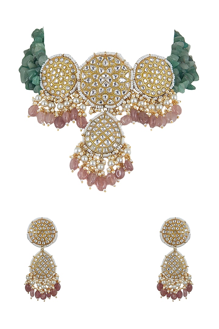 Gold Plated Beaded Floral Necklace Set by Riana Jewellery at Pernia's Pop Up Shop
