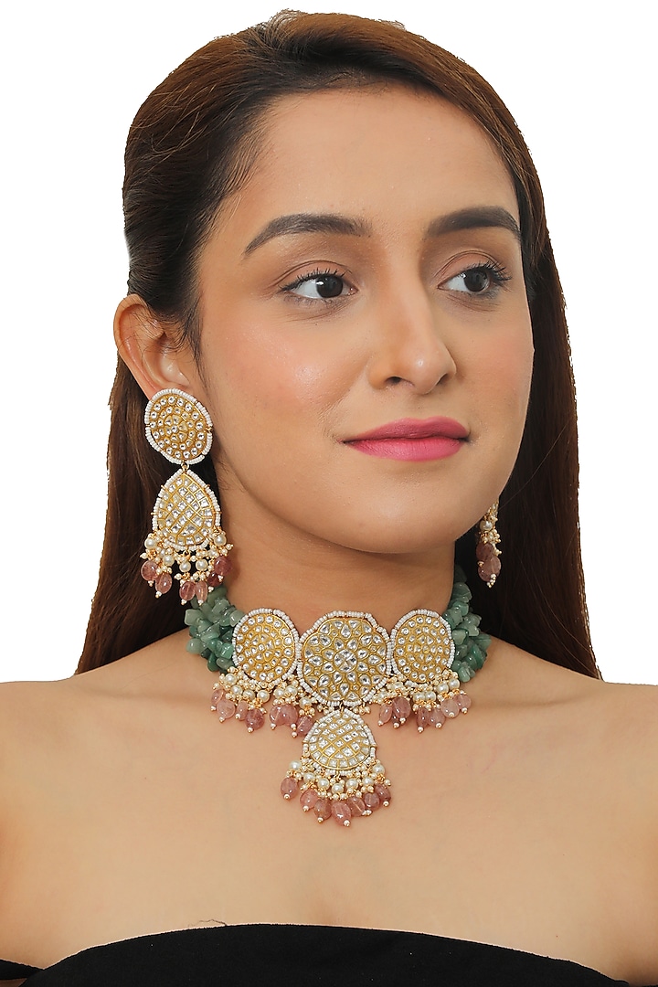 Gold Plated Beaded Floral Necklace Set by Riana Jewellery at Pernia's Pop Up Shop