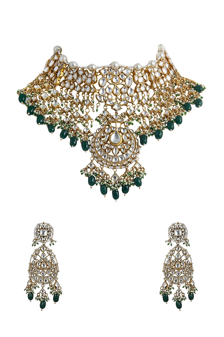 Gold Plated Green Beaded Bridal Necklace Set by Riana Jewellery at Pernia's Pop Up Shop