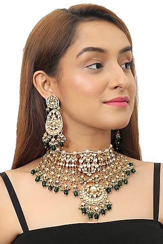Gold Plated Green Beaded Bridal Necklace Set by Riana Jewellery