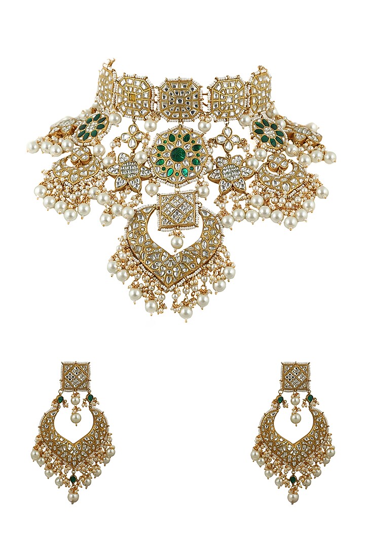 Gold Plated Kundan Polki Bridal Necklace Set by Riana Jewellery at Pernia's Pop Up Shop
