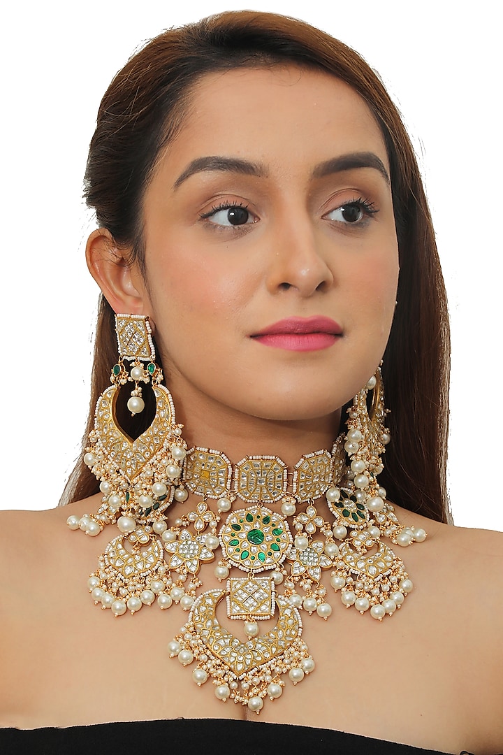 Gold Plated Kundan Polki Bridal Necklace Set by Riana Jewellery