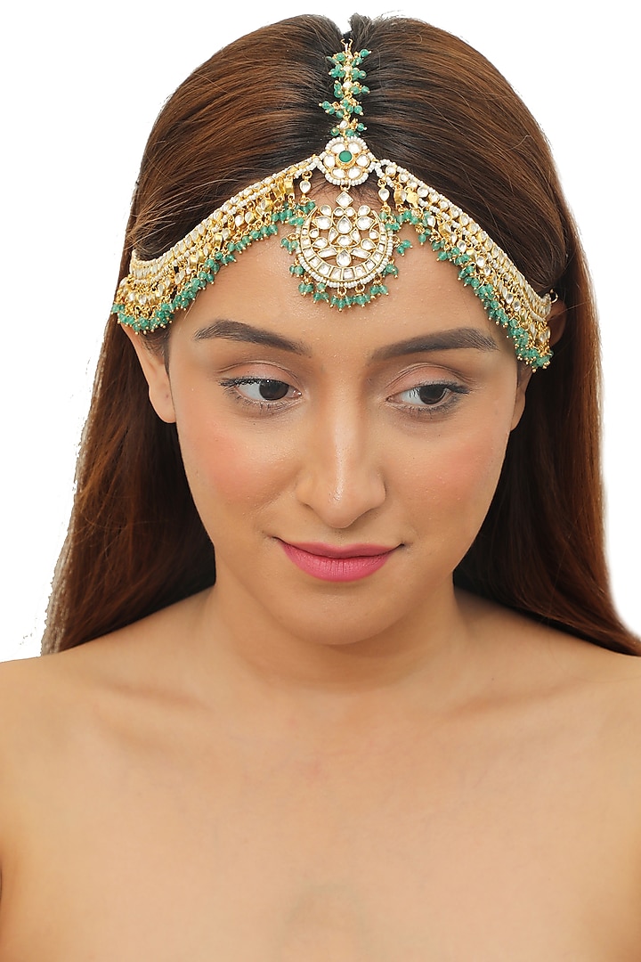 Gold Plated Green Beaded Matha Patti by Riana Jewellery at Pernia's Pop Up Shop