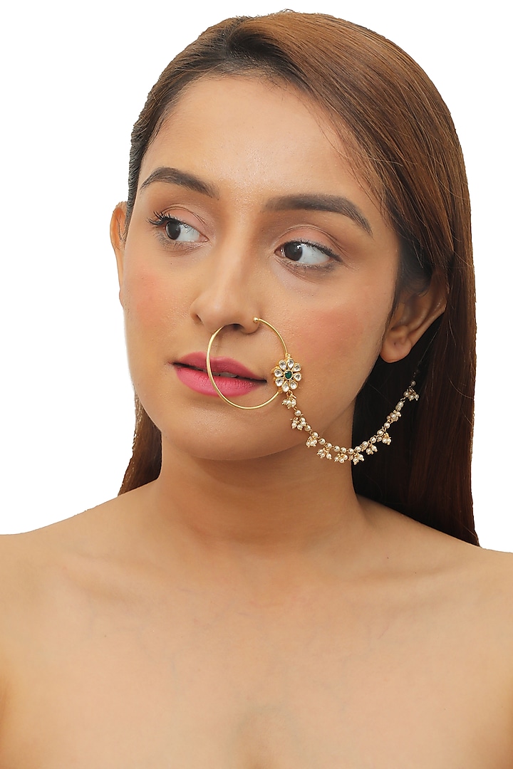 Gold Plated Beaded Floral Nath by Riana Jewellery
