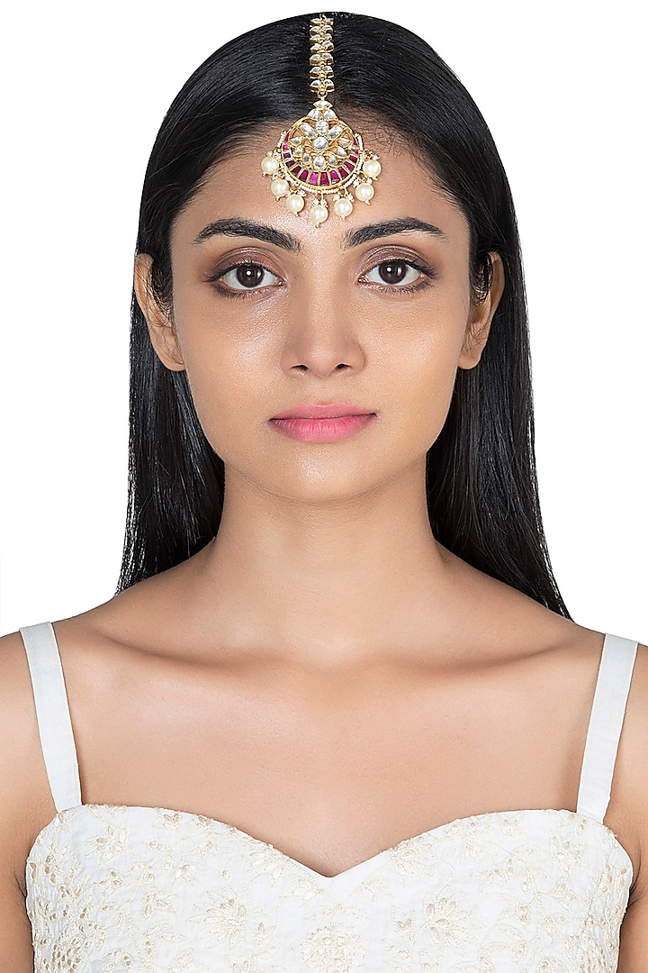 Gold Plated Faux Pearl & Stone Maang Tikka by Riana Jewellery