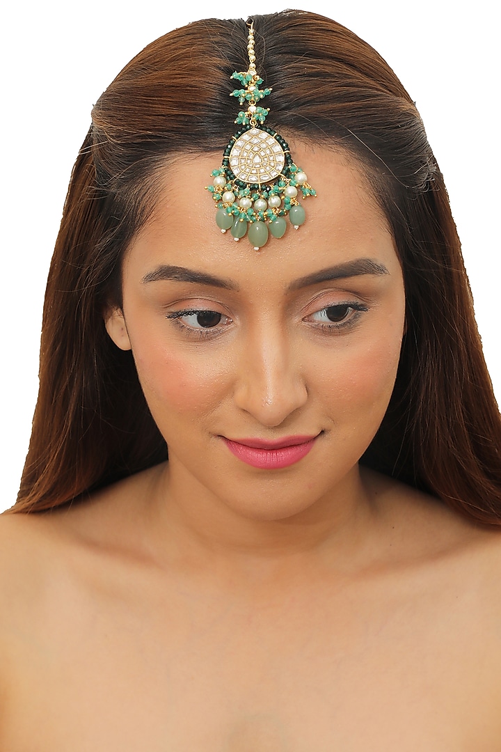 Gold Plated Glass Beads & Pearl Maang Tikka by Riana Jewellery at Pernia's Pop Up Shop