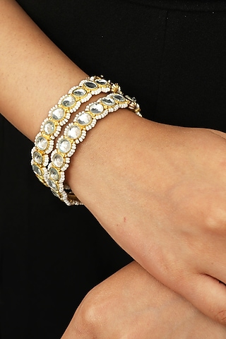 Gold Plated Pearl & Glass Bead Bracelets (Set of 2) by Riana Jewellery