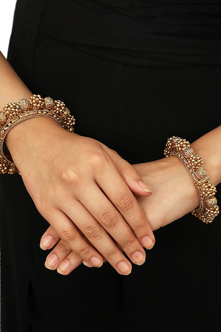 Gold Plated Pearl Kada Bracelets (Set of 2) by Riana Jewellery
