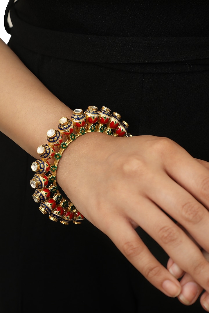 Gold Plated Pearl & Glass Beads Kada Bracelets (Set of 2) by Riana Jewellery at Pernia's Pop Up Shop