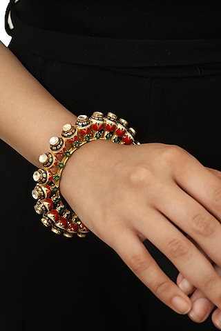 Gold Plated Pearl & Glass Beads Kada Bracelets (Set of 2) by Riana Jewellery