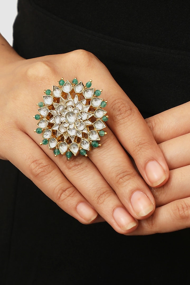 Gold Plated Floral Pearl & Beaded Floral Ring by Riana Jewellery at Pernia's Pop Up Shop