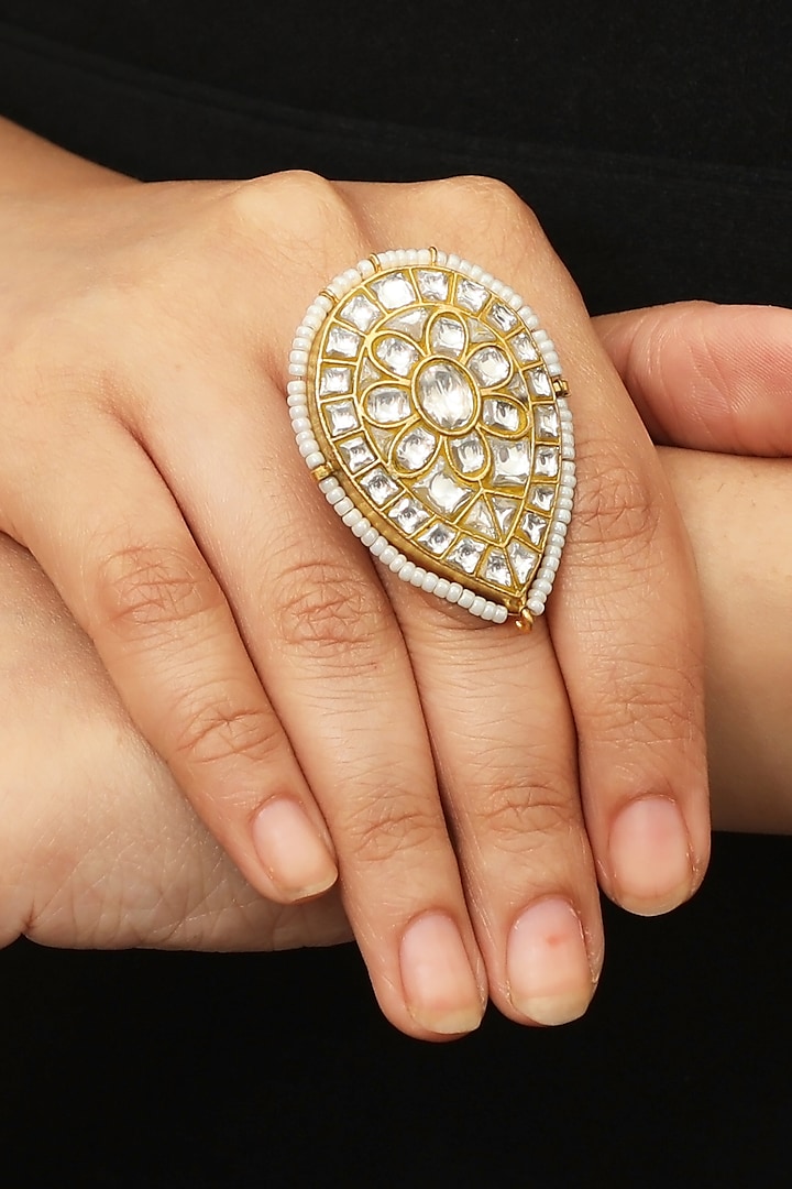 Gold Plated Moti Ring by Riana Jewellery