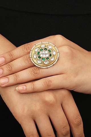 Gold Plated White & Green Stone Ovel Ring by Riana Jewellery