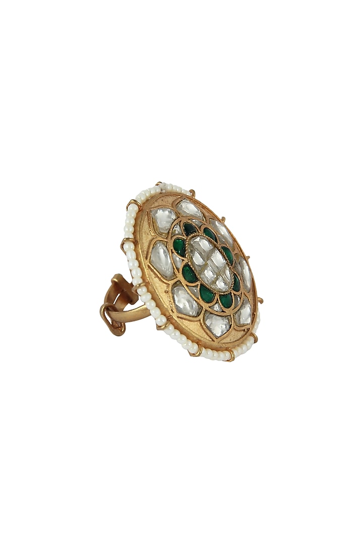 Gold Plated White & Green Stone Ovel Ring by Riana Jewellery at Pernia's Pop Up Shop
