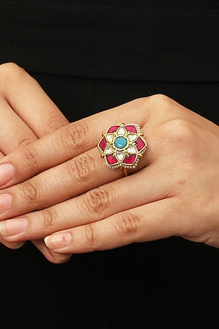 Gold Plated Multi Colored Stone Ring by Riana Jewellery