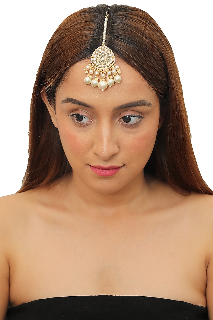Gold Plated Pearl Maang Tikka by Riana Jewellery at Pernia's Pop Up Shop