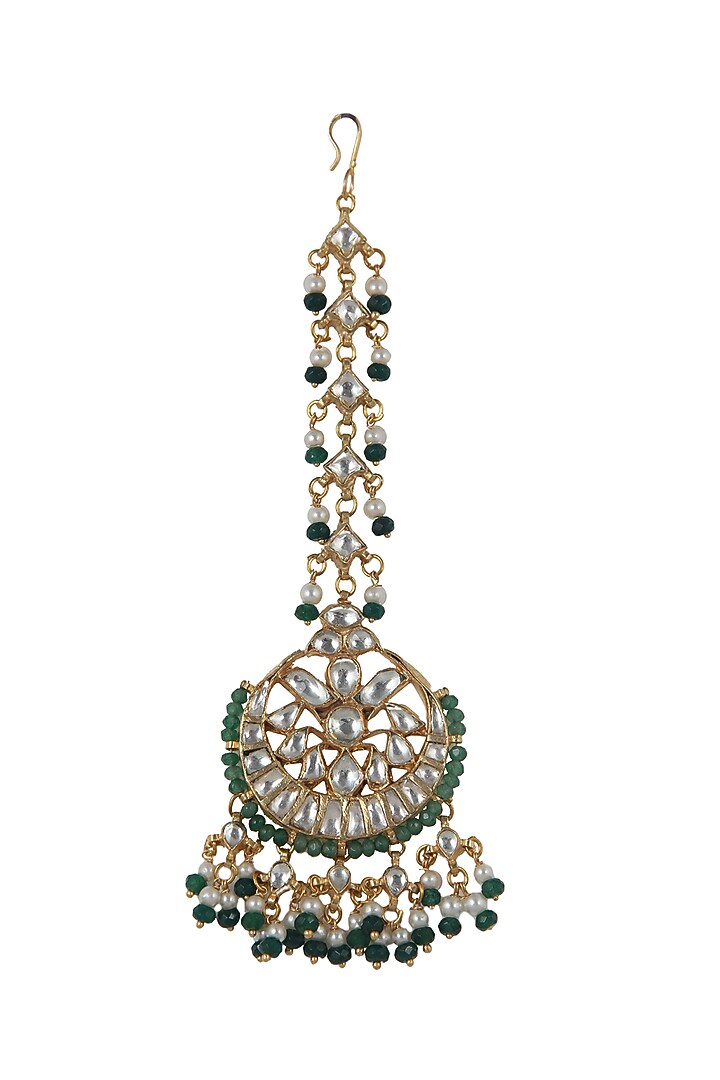 Gold Plated Emerald Beaded Maang Tikka by Riana Jewellery at Pernia's Pop Up Shop
