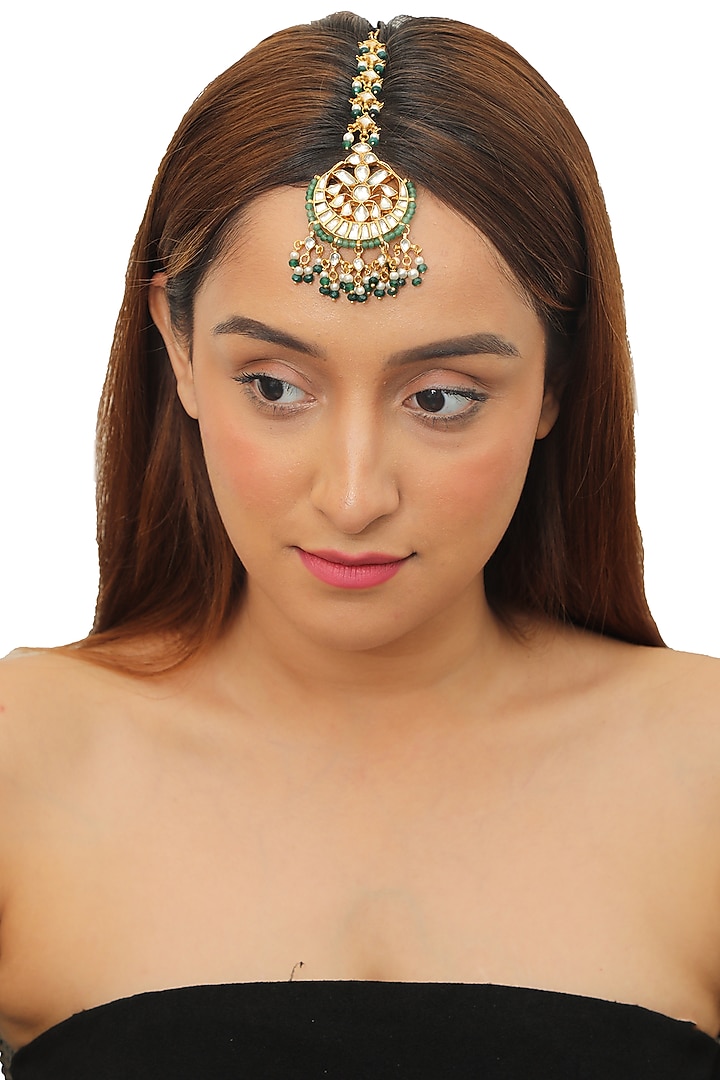 Gold Plated Emerald Beaded Maang Tikka by Riana Jewellery at Pernia's Pop Up Shop