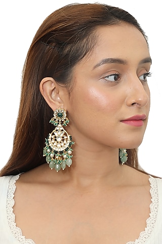 Gold Plated Green Beaded Earrings by Riana Jewellery