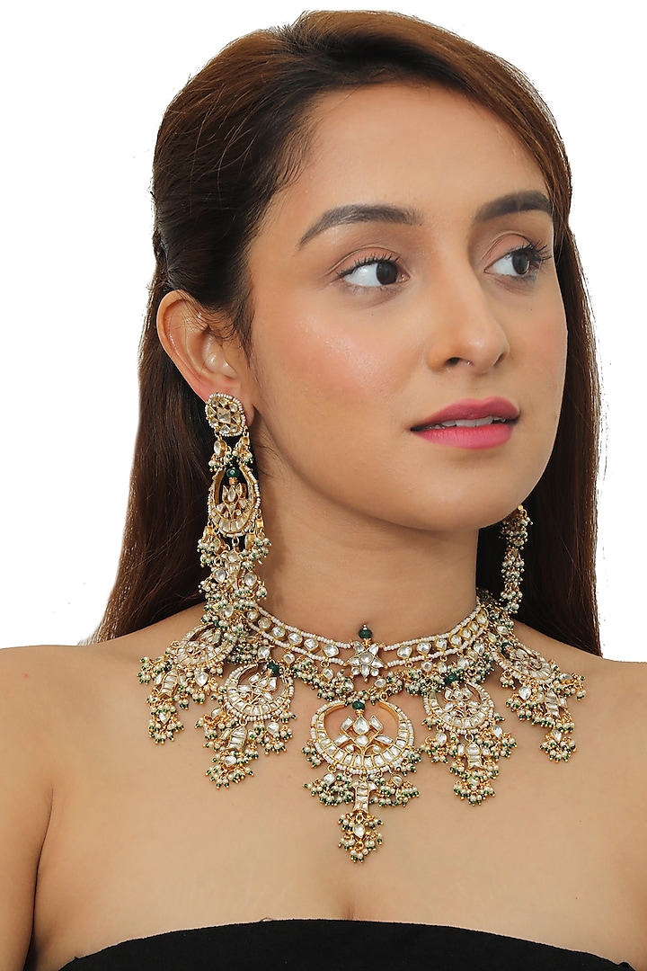 Gold Plated Jadtar Stone Necklace Set by Riana Jewellery at Pernia's Pop Up Shop