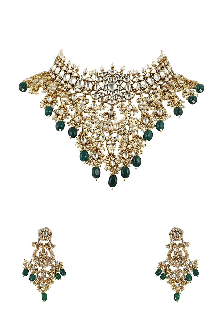 Gold Plated Green Beaded Necklace Set by Riana Jewellery at Pernia's Pop Up Shop