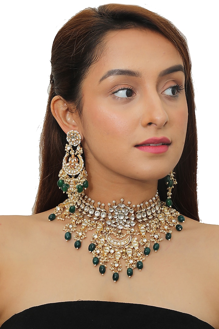 Gold Plated Green Beaded Necklace Set by Riana Jewellery at Pernia's Pop Up Shop