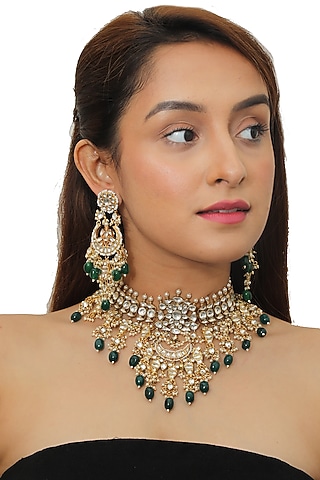 Gold Plated Green Beaded Necklace Set by Riana Jewellery