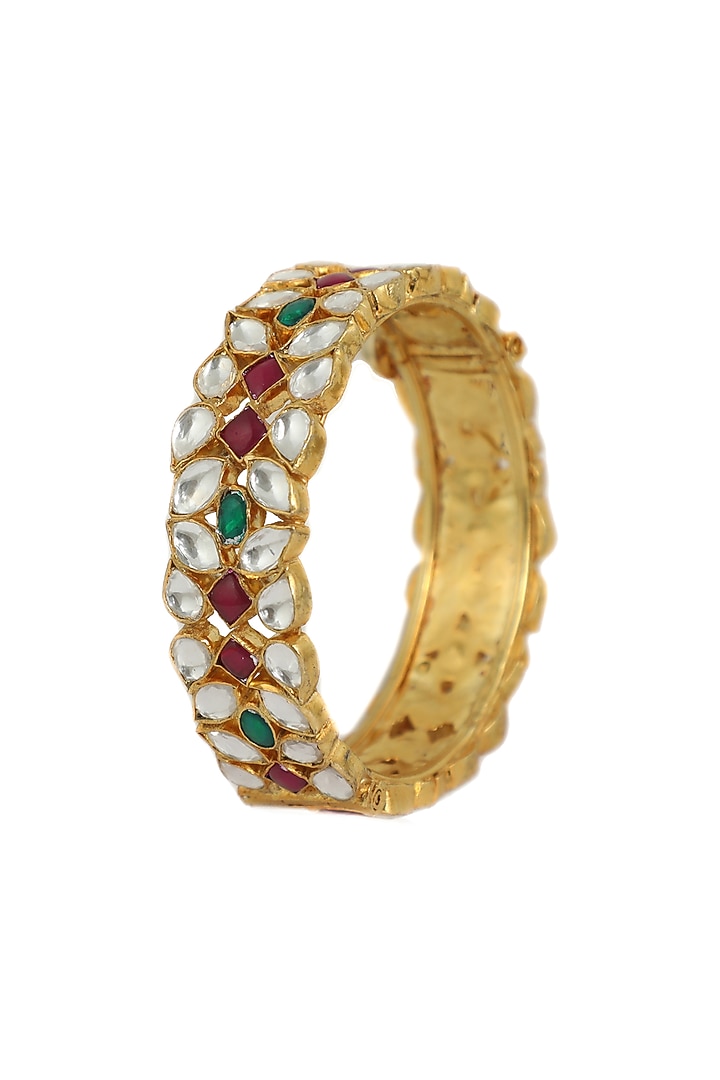 Gold Plated Pink & Green Jadtar Stone Kada by Riana Jewellery at Pernia's Pop Up Shop