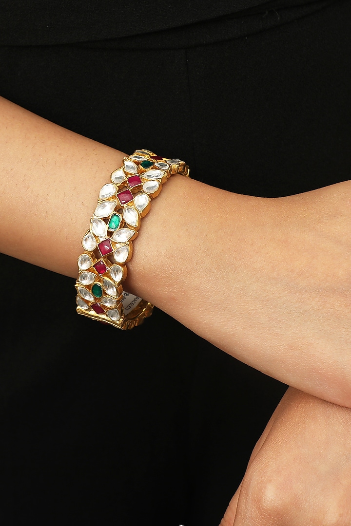Gold Plated Pink & Green Jadtar Stone Kada by Riana Jewellery at Pernia's Pop Up Shop