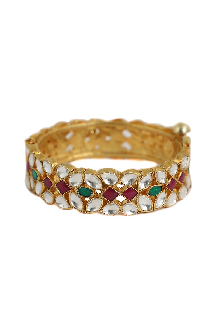 Gold Plated Pink & Green Jadtar Stone Kada by Riana Jewellery at Pernia's Pop Up Shop