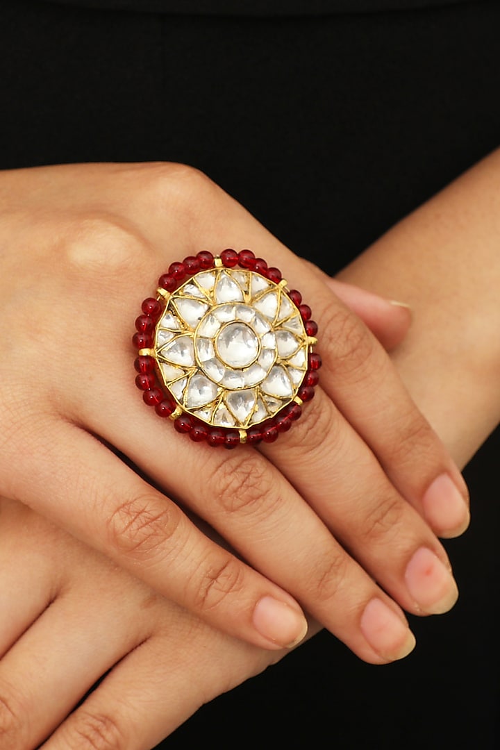Gold Plated Red Moti Ring  by Riana Jewellery