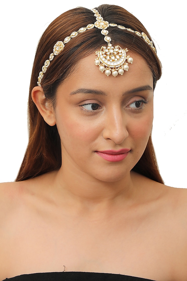Gold Plated Pearl Maang Tikka  by Riana Jewellery
