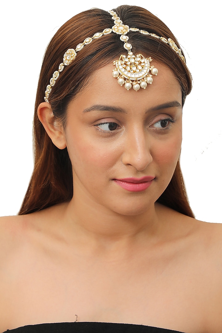 Gold Plated Pearl Maang Tikka by Riana Jewellery at Pernia's Pop Up Shop