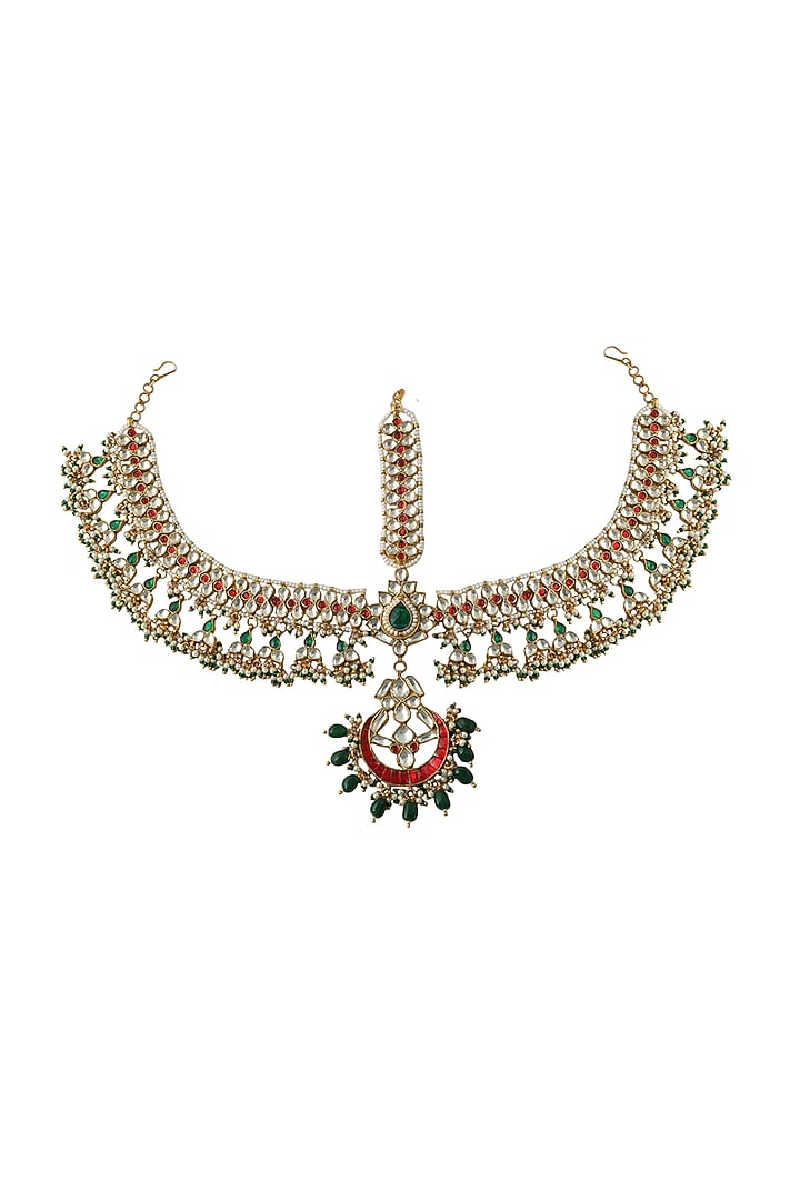 Gold Plated Red & Green Jadtar Stone Mathapatti by Riana Jewellery at Pernia's Pop Up Shop