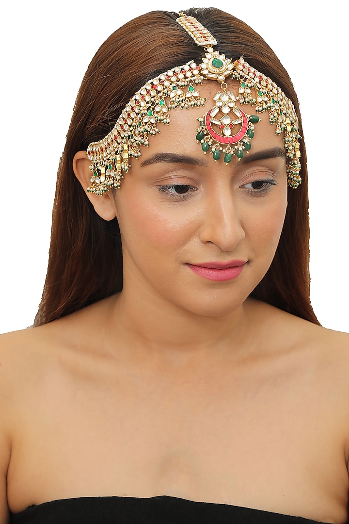 Gold Plated Red & Green Jadtar Stone Mathapatti   by Riana Jewellery at Pernia's Pop Up Shop