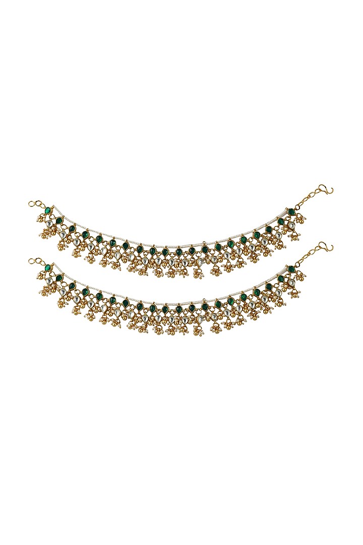 Gold Plated White & Green Jadtar Stone Payal by Riana Jewellery at Pernia's Pop Up Shop