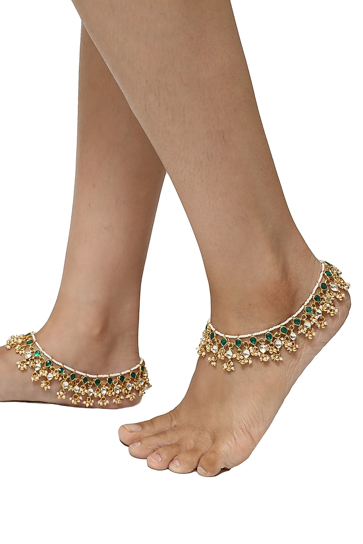 Gold Plated White & Green Jadtar Stone Payal by Riana Jewellery at Pernia's Pop Up Shop