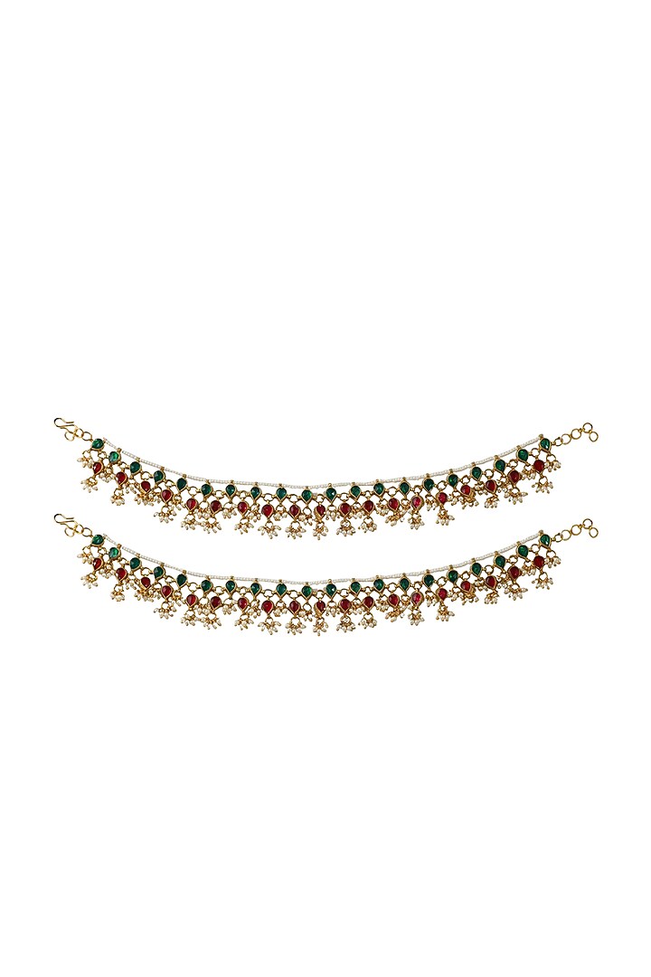 Gold Plated Green & Pink Jadtar Stone Payal by Riana Jewellery at Pernia's Pop Up Shop