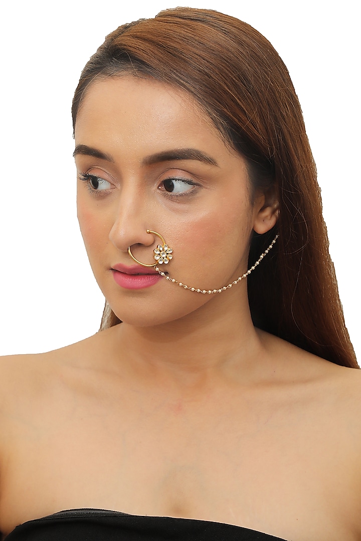 Gold Plated White Floral Nath  by Riana Jewellery