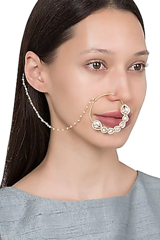 Gold Plated White & Pink Nath  by Riana Jewellery