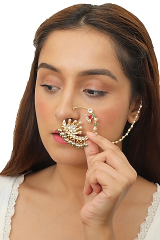 Gold Plated White Lotus Nath  by Riana Jewellery