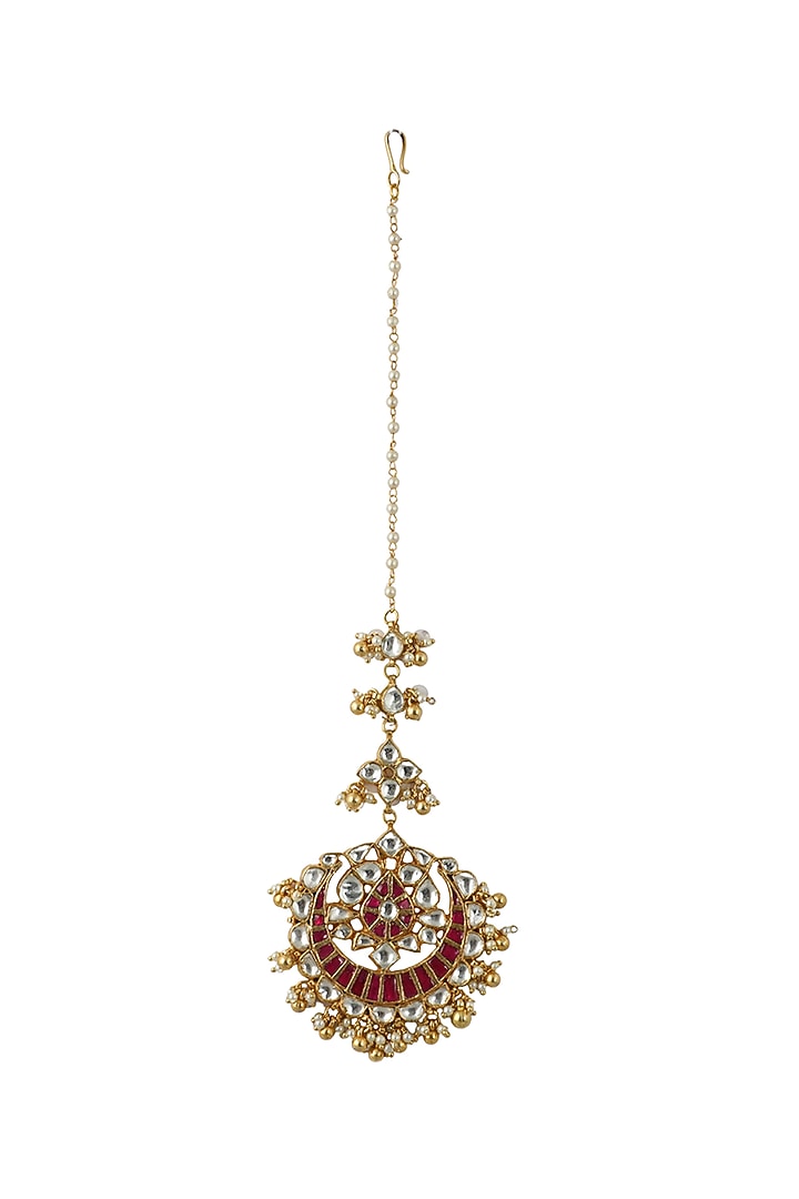 Gold Plated Pink & White Jadtar Stone Maang Tikka by Riana Jewellery at Pernia's Pop Up Shop