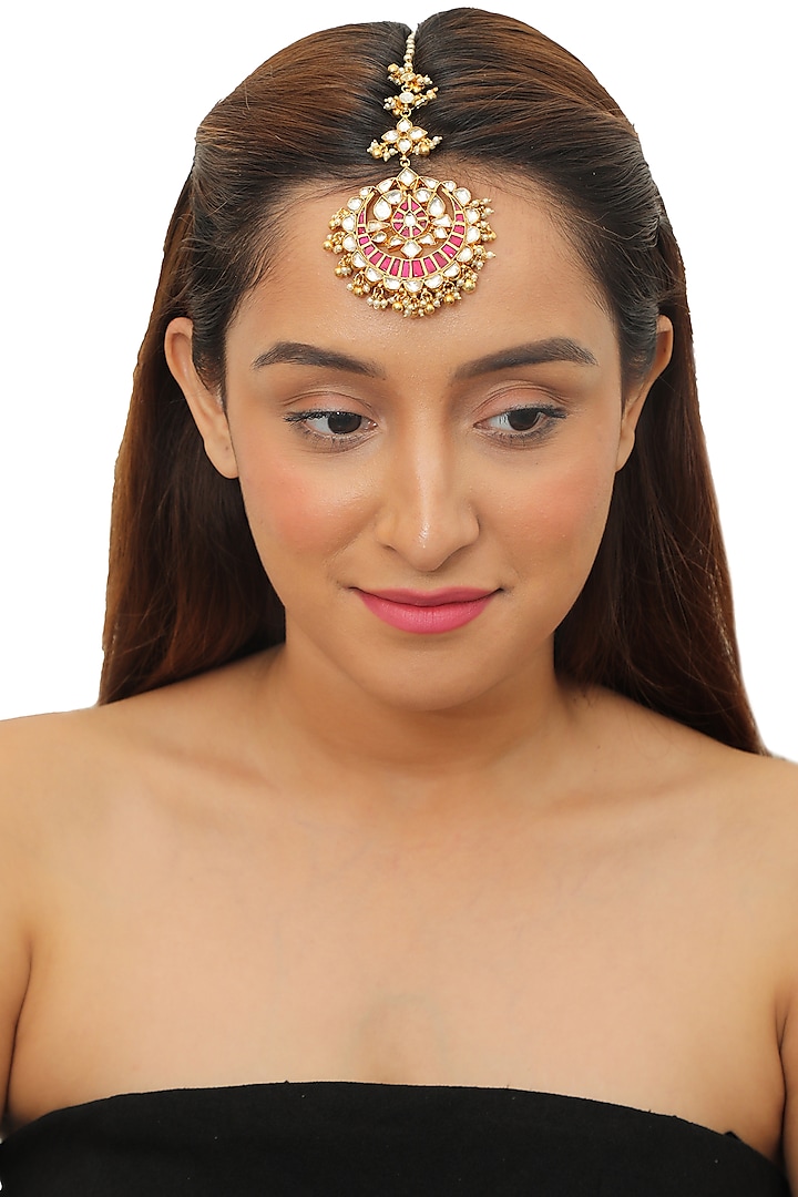 Gold Plated Pink & White Jadtar Stone Maang Tikka by Riana Jewellery