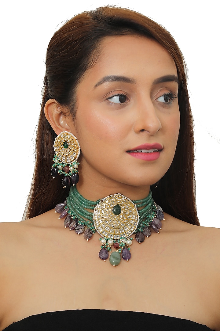 Gold Plated Beaded Necklace Set by Riana Jewellery
