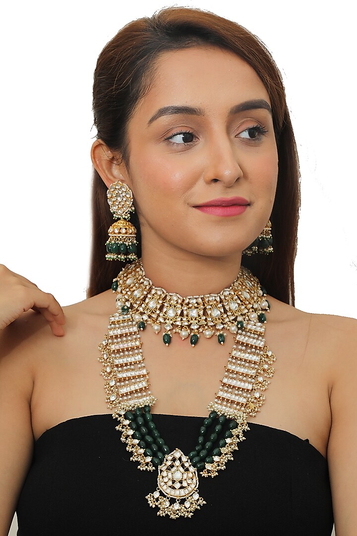 Gold Plated Jadtar Stones Layered Necklace Set by Riana Jewellery at Pernia's Pop Up Shop