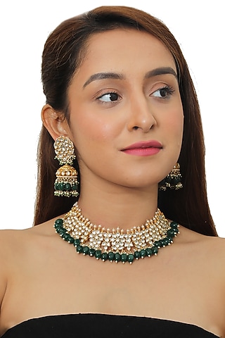 Gold Plated Jadtar Stones Necklace Set by Riana Jewellery