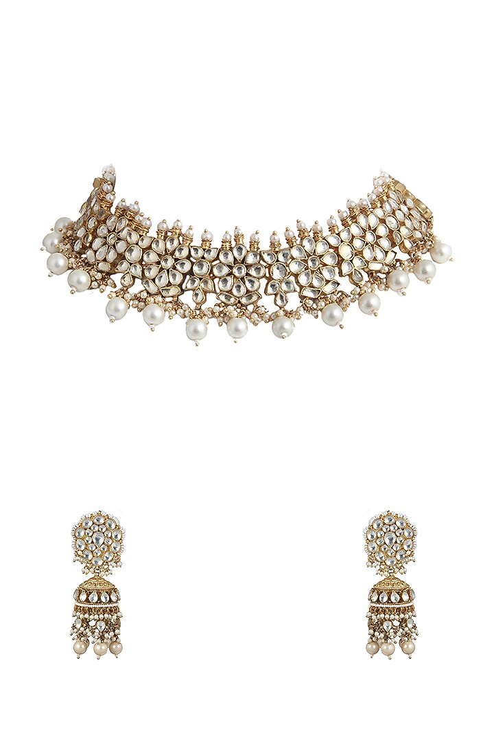 Gold Plated Jadtar Stones Floral Necklace Set by Riana Jewellery at Pernia's Pop Up Shop