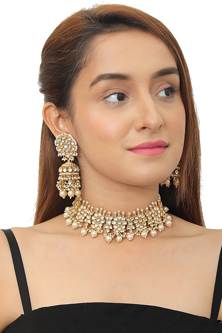 Gold Plated Jadtar Stones Floral Necklace Set by Riana Jewellery at Pernia's Pop Up Shop